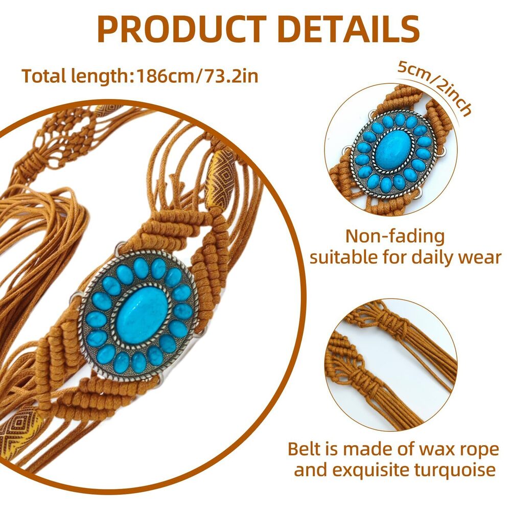 6663 Boho Turquoise Belt For Women 2" Western Wax Rope Beaded Braided Waist - Picture 2 of 7